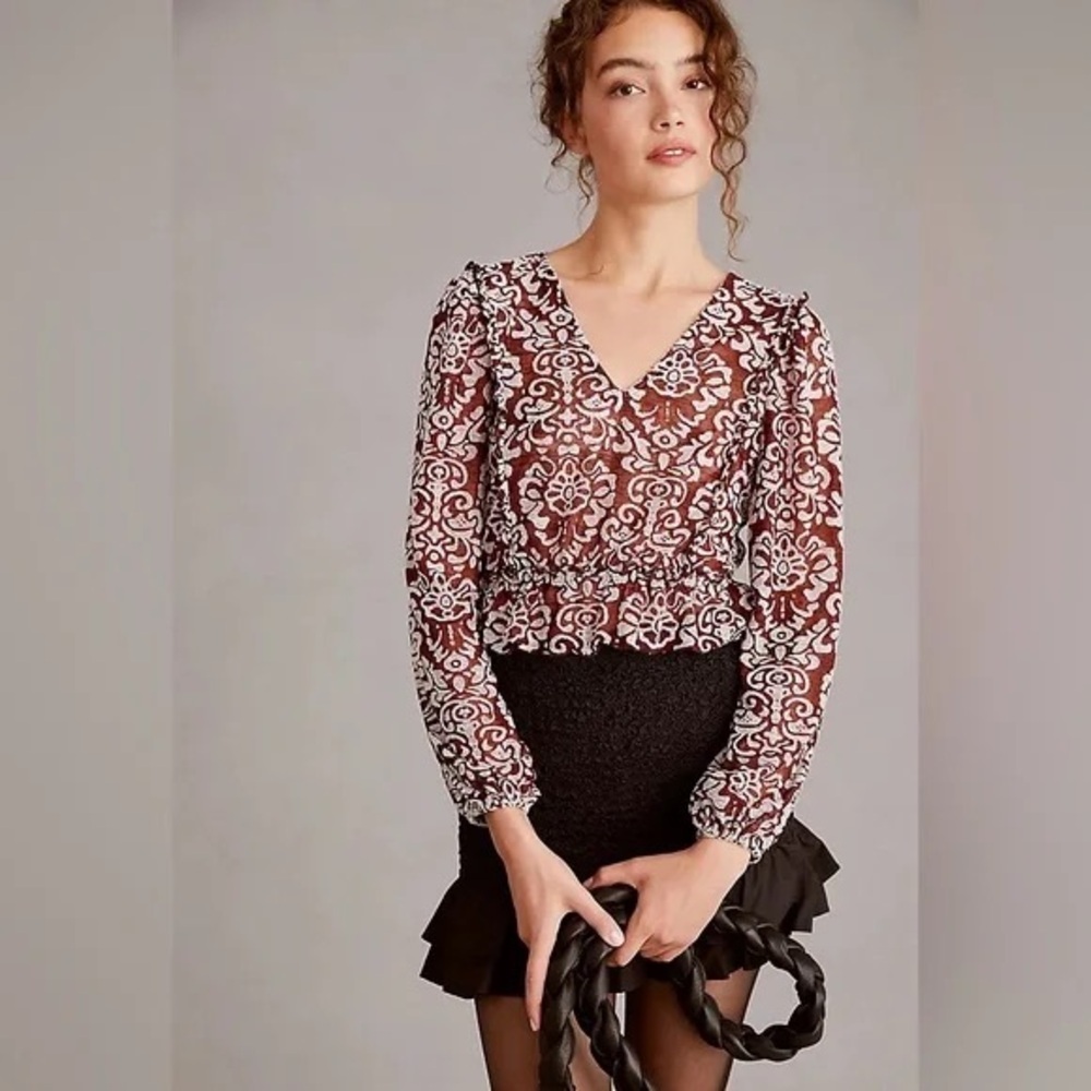 By Anthropologie Burgundy Jacquard Floral Peasant Blouse Smocked Waist Size L - Picture 4 of 9